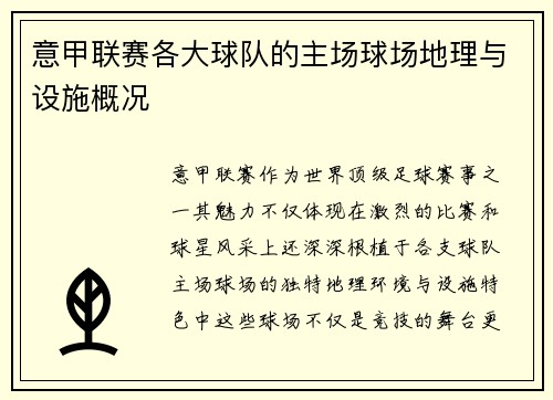 意甲联赛各大球队的主场球场地理与设施概况